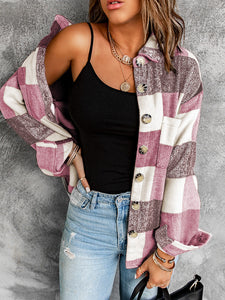 Shacket Plaid Color Block Buttoned Long Sleeve Jacket with Pocket