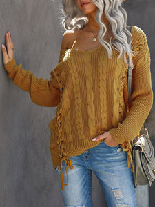 Slim Cable Knit Lace Up Sweater