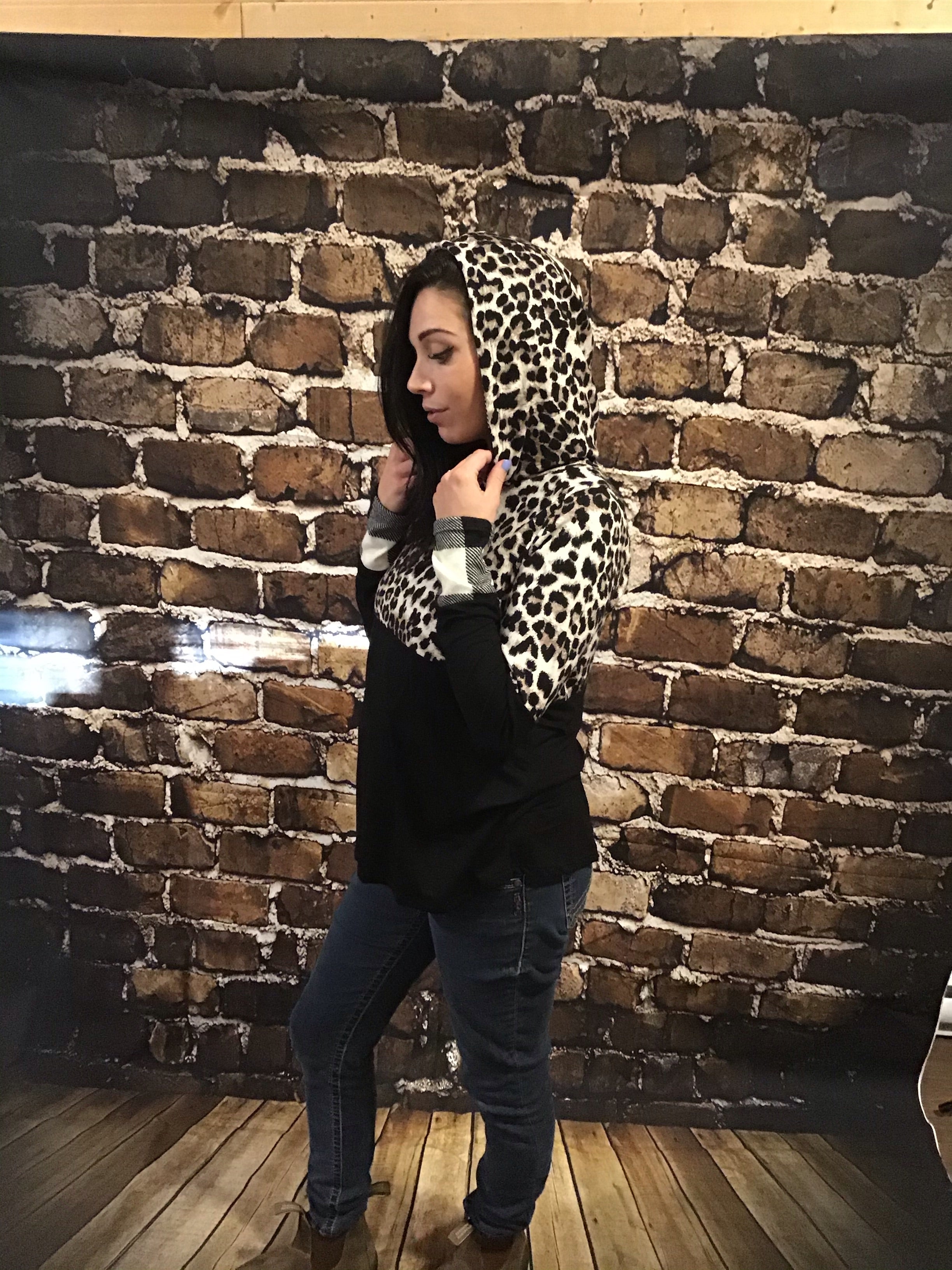 Cheetah Leopard Print & Buffalo Plaid Hoodie with thumb Holes