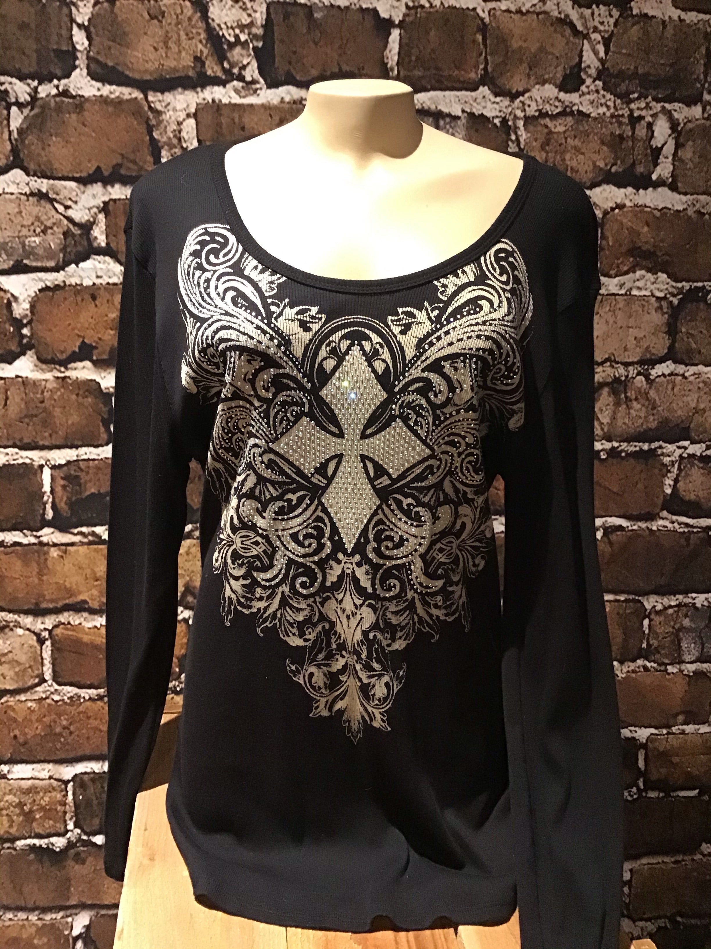 PLUS LONG SLEEVE TOP WITH CROSS AND STONES