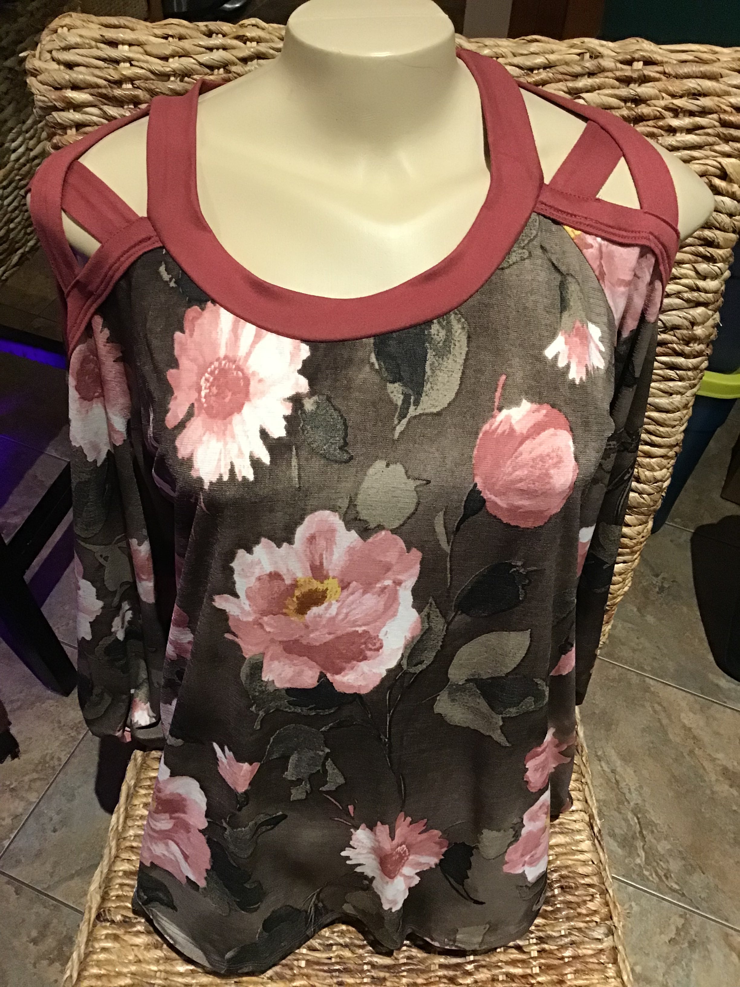 Burgundy Long Sleeve Floral Print Knit Top Cut open Shoulders