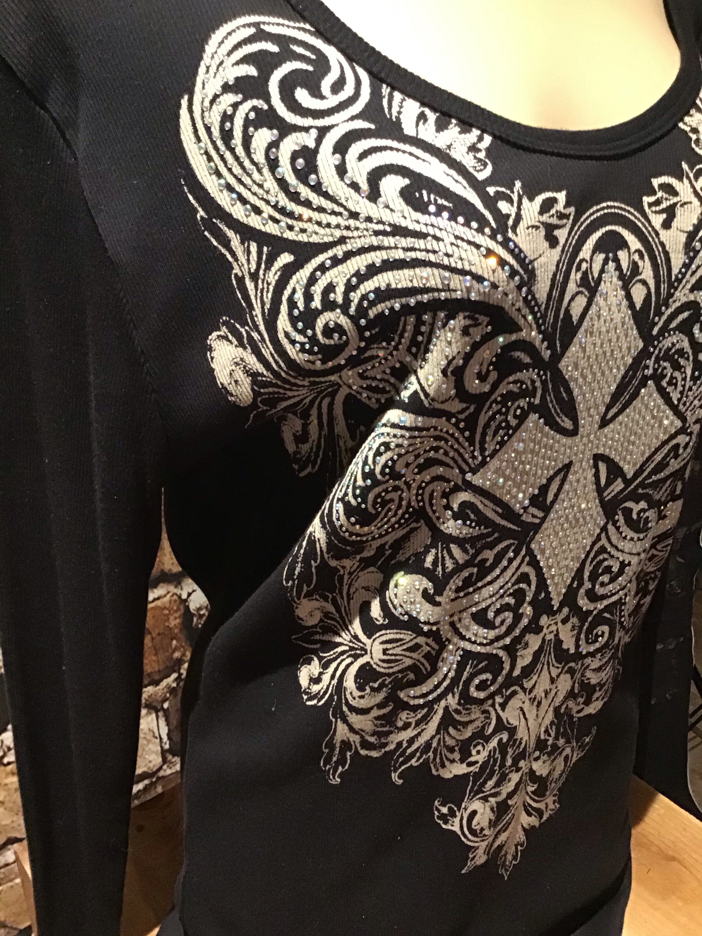 PLUS LONG SLEEVE TOP WITH CROSS AND STONES