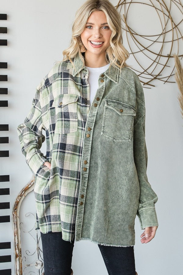 Mineral washed mix and match plaid detail corduroy shacket
