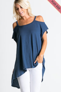 Sexy Plus size, Cold shoulder, short sleeved, high-low top with round-neck