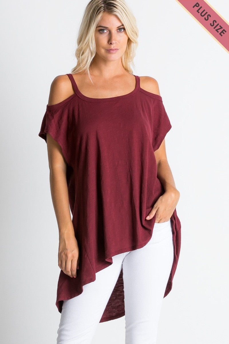 Sexy Plus size, Cold shoulder, short sleeved, high-low top with round-neck