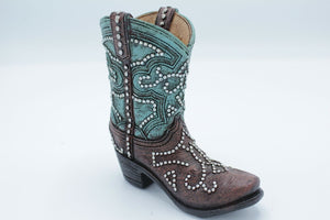 Small Western Rustic Turquoise Hand Tooled Silver Nail Flower Cowboy Cowgirl Boot Vase